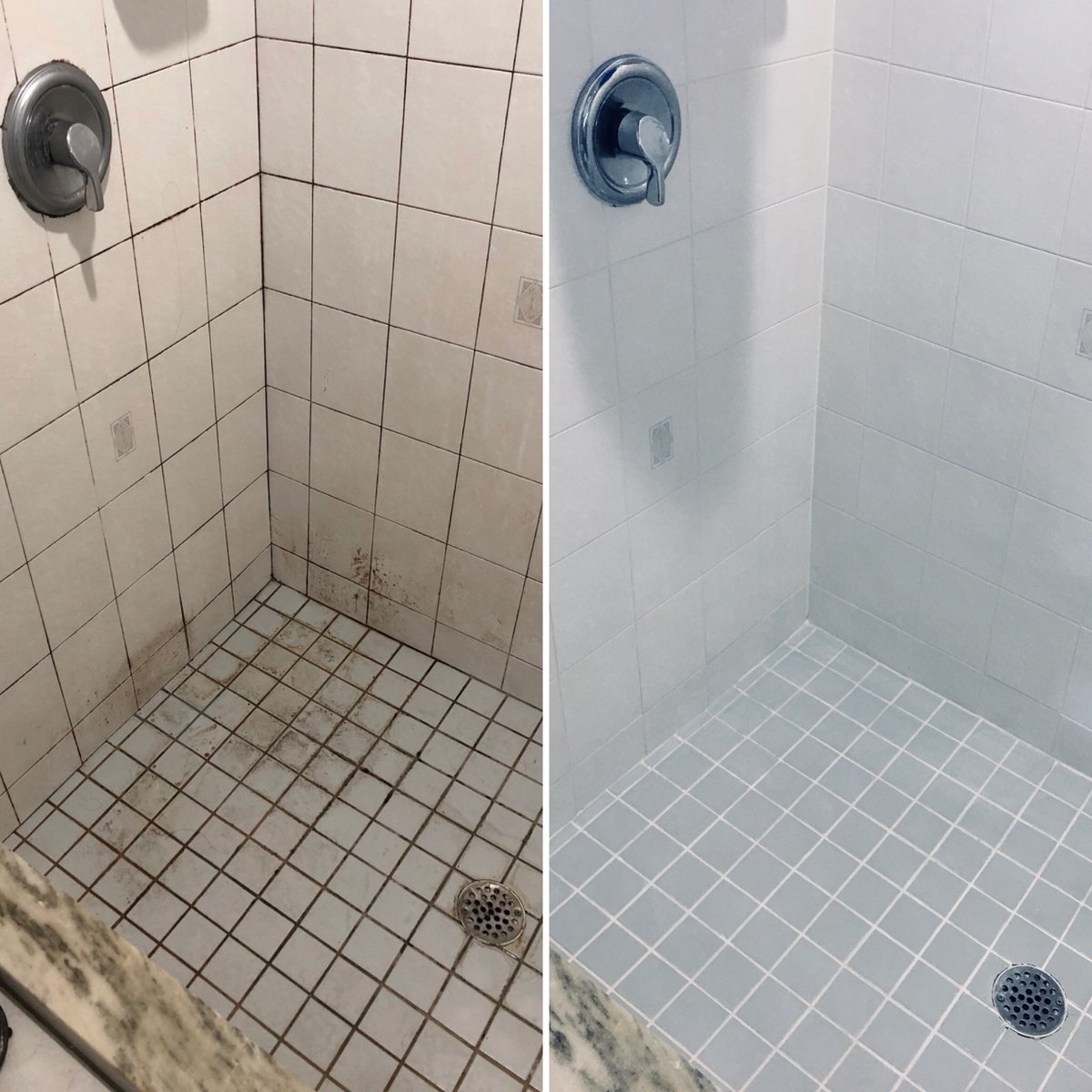 Grey shower tile before and after cleaning