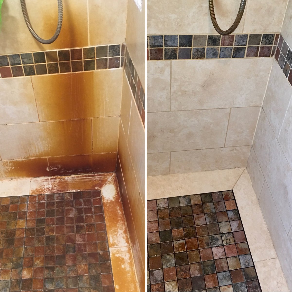 Rust-stained shower tile before and after cleaning