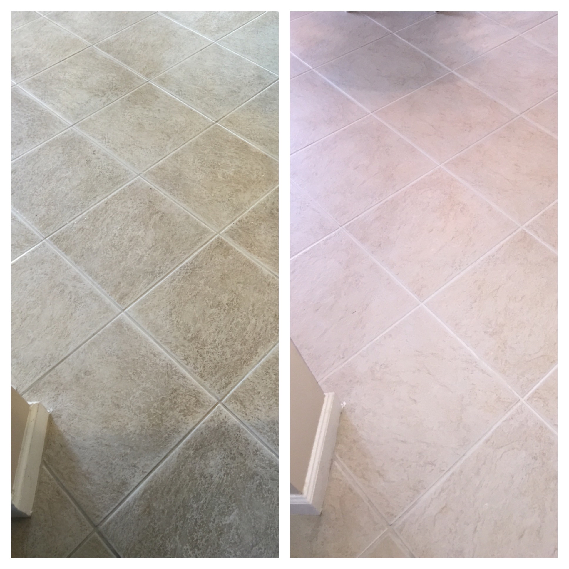 Diagonal tile floor before and after deep clean